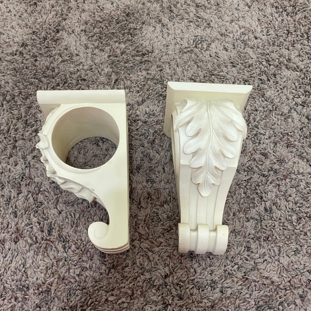 Vintage Style Acanthus Leaf Curtain Rod Bracket Pair Cream Italian Tuscan READ